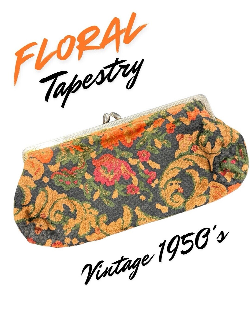 Vintage 1950s Floral Tapestry Clutch Purse – Metal Kiss Lock Closure Vibrant